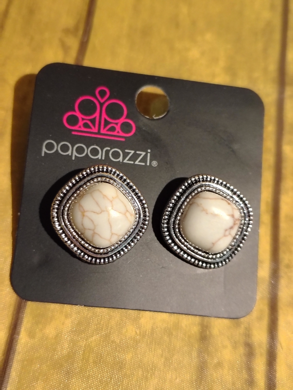 paparazzi Cream Marbled Stone Silver-Tone Framed Stud Earrings